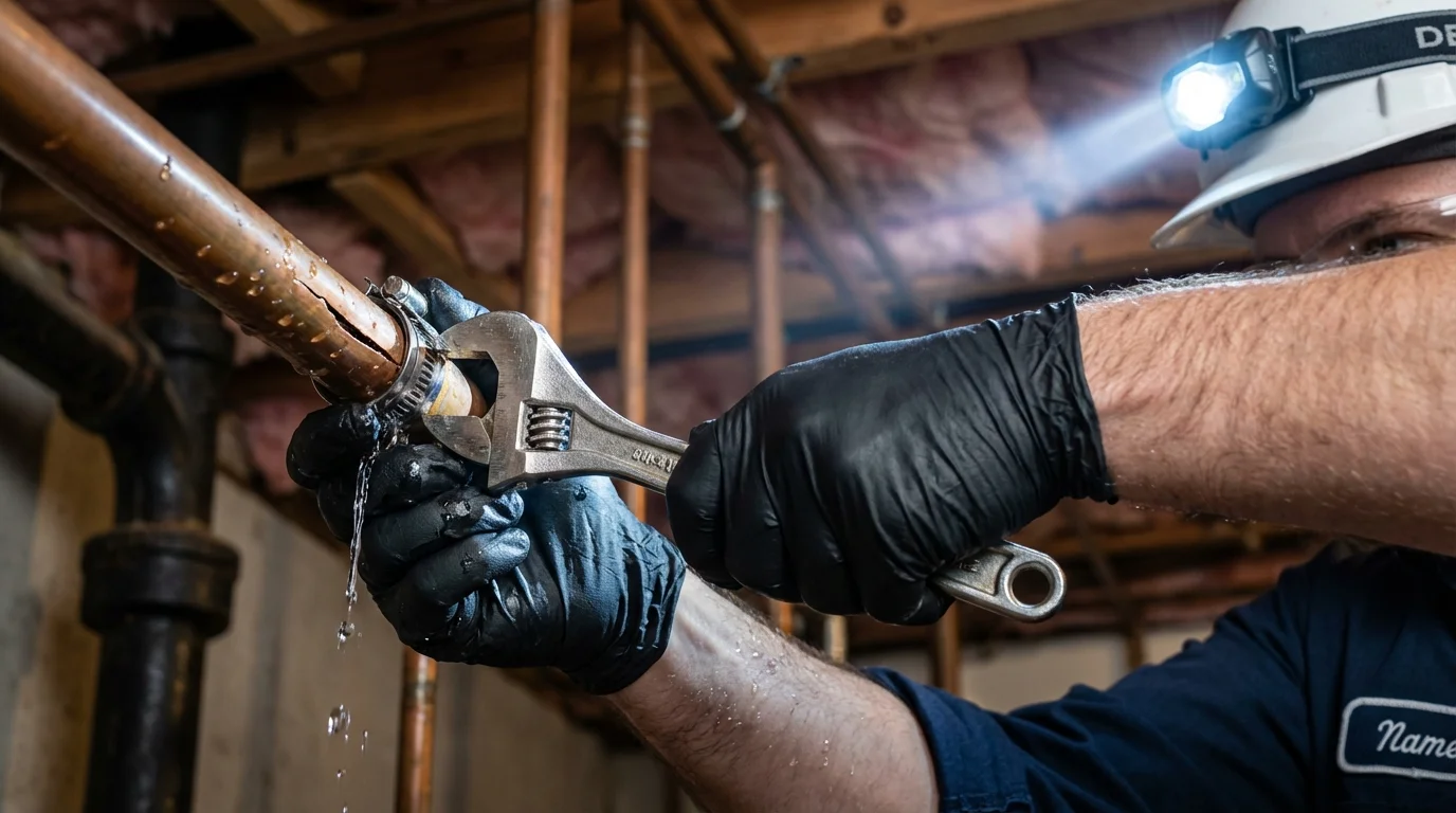 Emergency pipe clamp repair being performed by a Johns Plumbing LLC plumber in Hyattsville