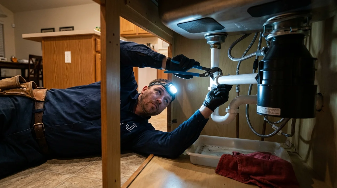P-trap and supply line connections under a kitchen sink showing a common leak point in Hyattsville, MD